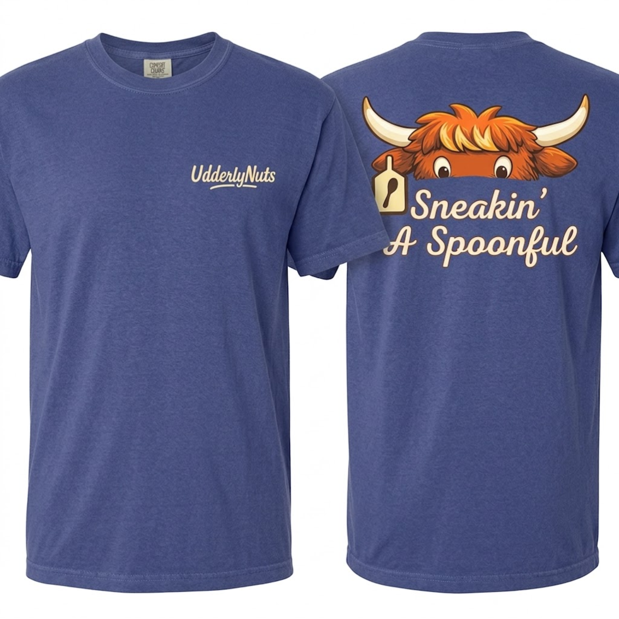 A heathered blue short-sleeve t-shirt shown from both the front and back. The front features a small white 'UdderlyNuts' logo on the left chest.